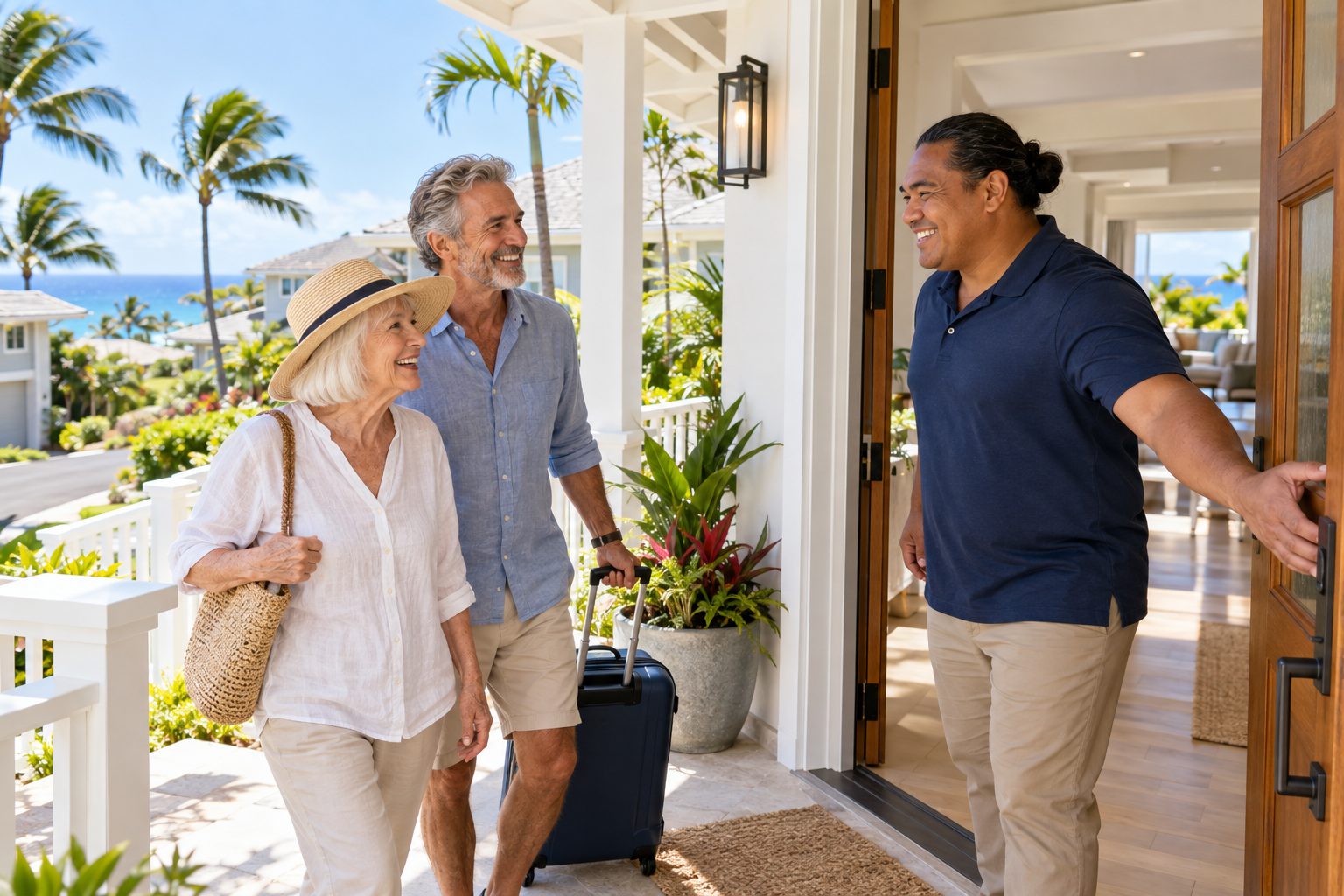 A caregiver welcoming an older couple with a suitcase at the front door of a bright home