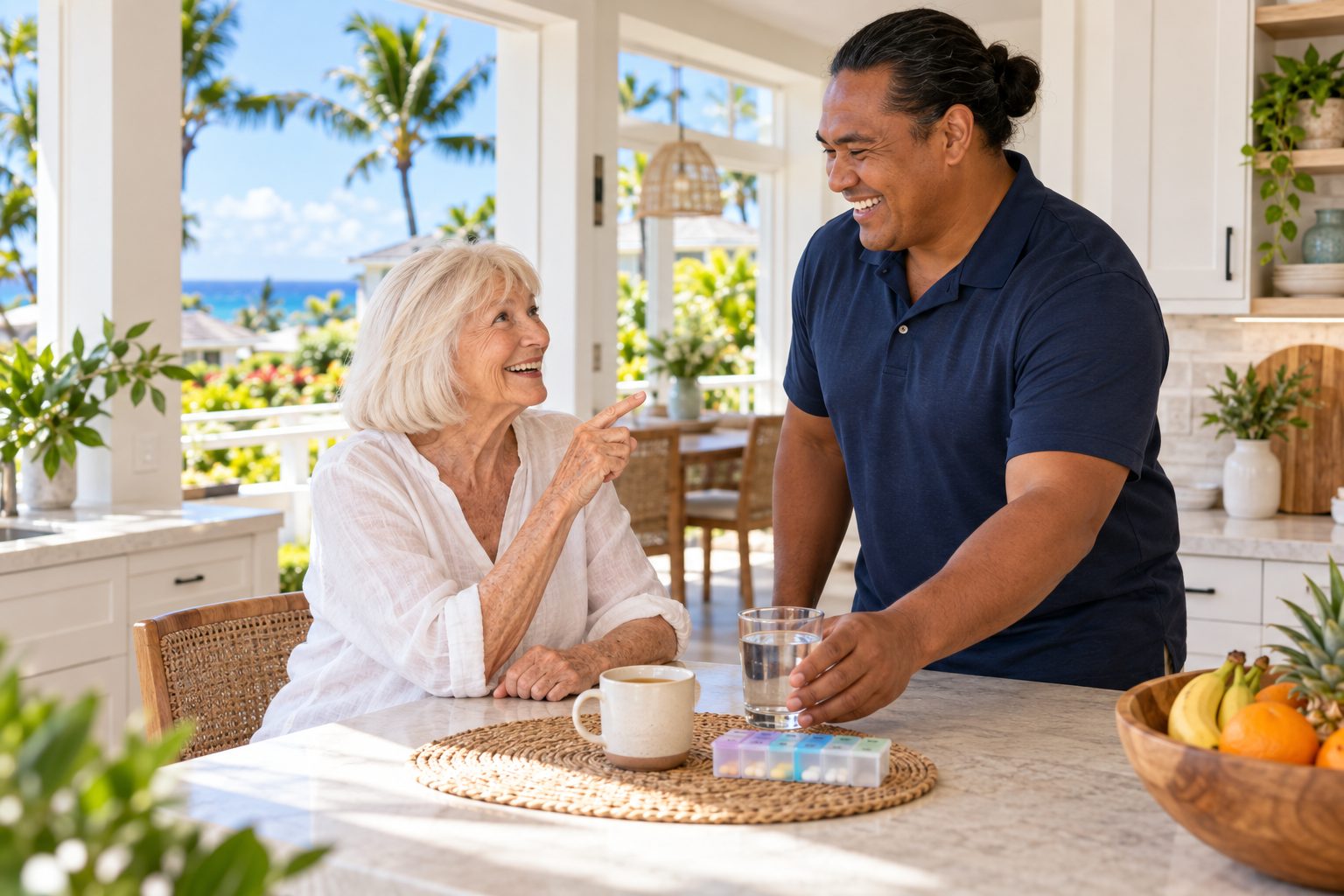 A caregiver bringing a glass of water to an older woman