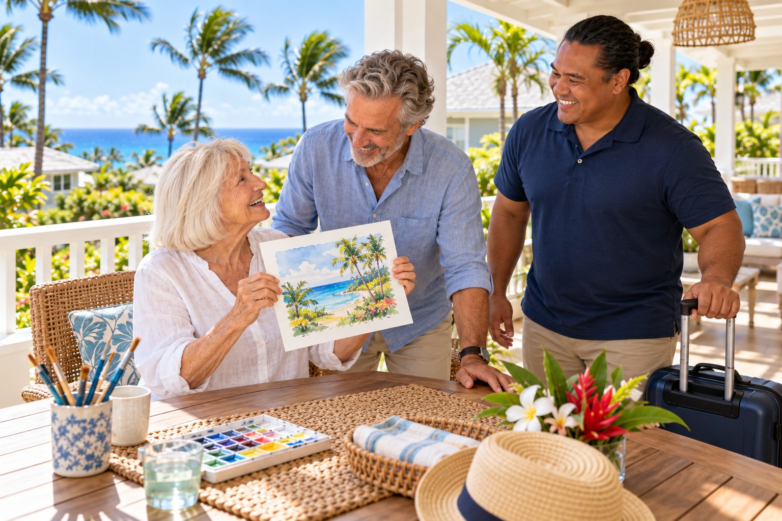 An older woman showing her watercolor painting to her husband and a caregiver