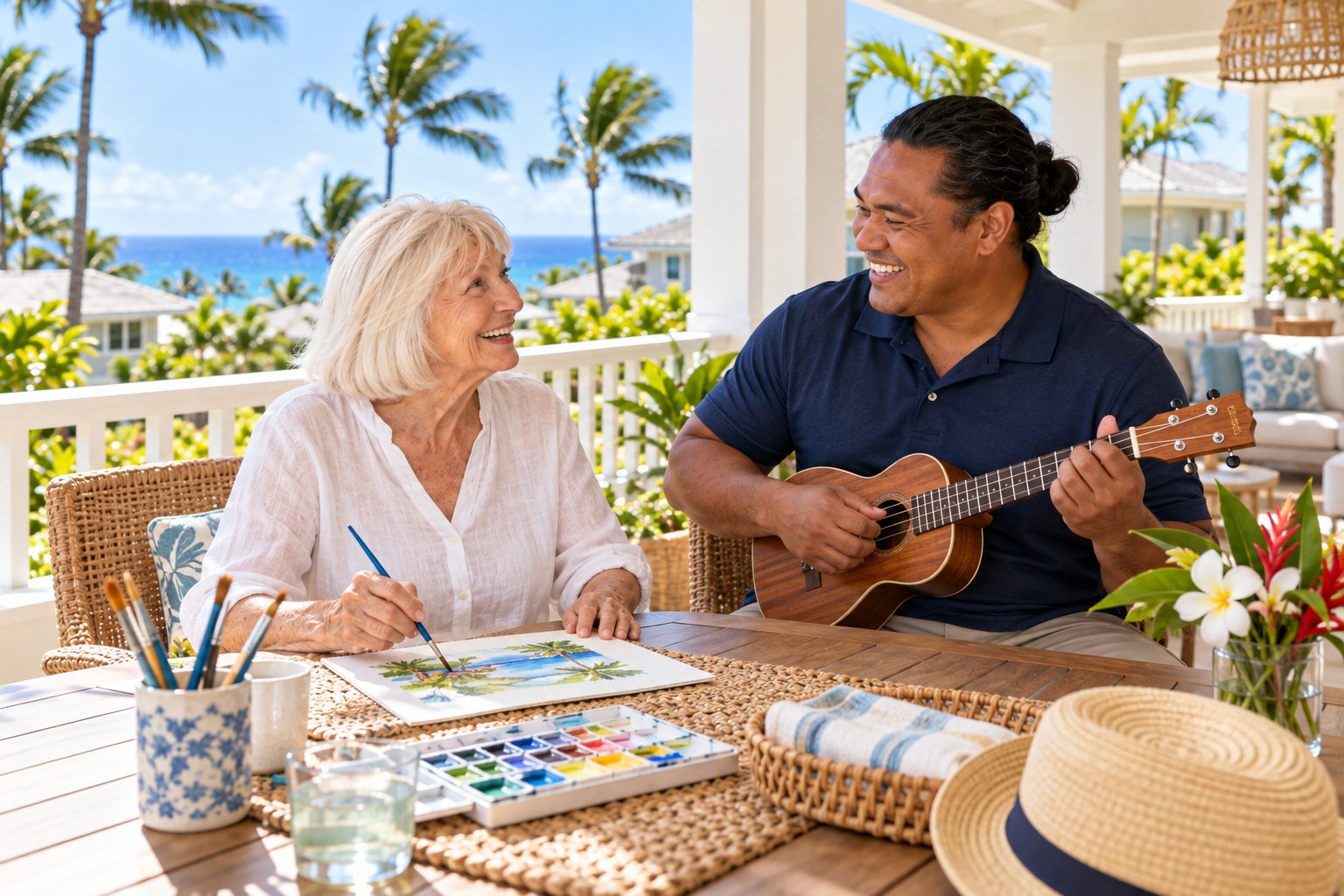 A caregiver playing ukulele while an older woman paints on a lanai